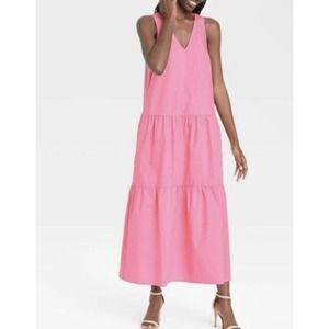Who What Wear Tiered Maxi Dress Size Small In Barbie Pink Sleeveless Spring